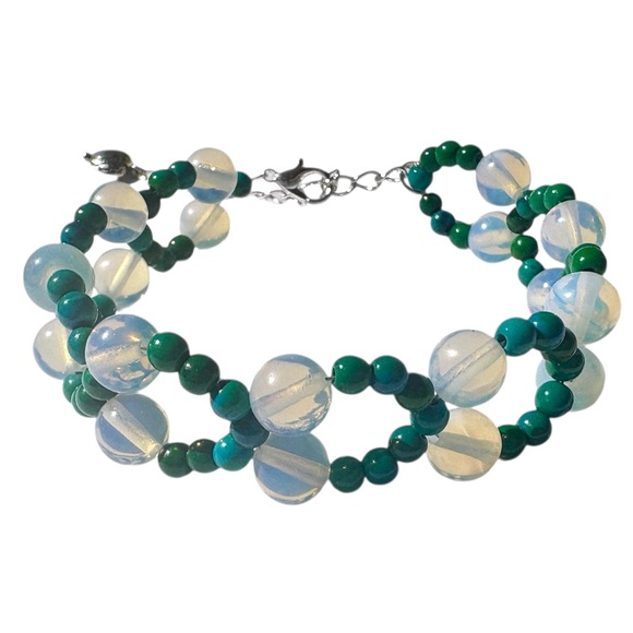 Peachy Keen Things Jewelry - Opalite and Crysocolla Hand Beaded Bracelet with Adjustable Sizing Closure.